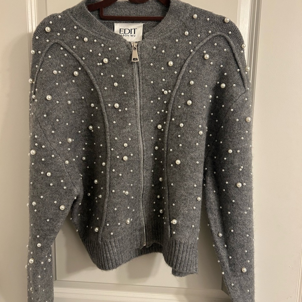 NWT Jason Wu Gray Wool with Pearl Embellishment Zip-Up Sweater